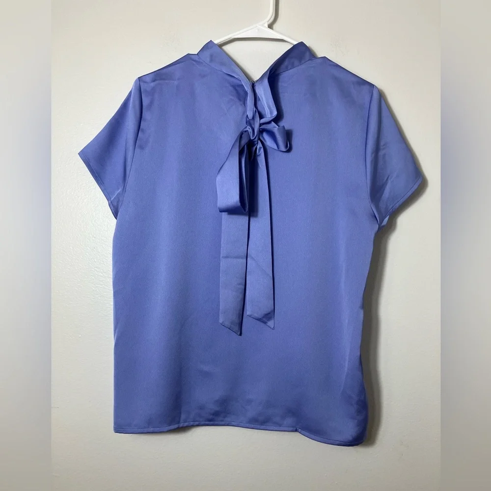 J Crew Blouse Sz M Purple Tie‎ Neck Preppy Office Short Sleeve